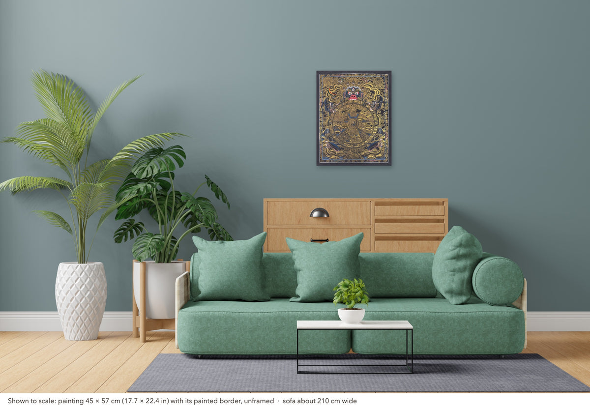 Wheel of Life thangka shown to scale in a living room, unframed, above a sofa about 210 cm wide (45×57 cm)