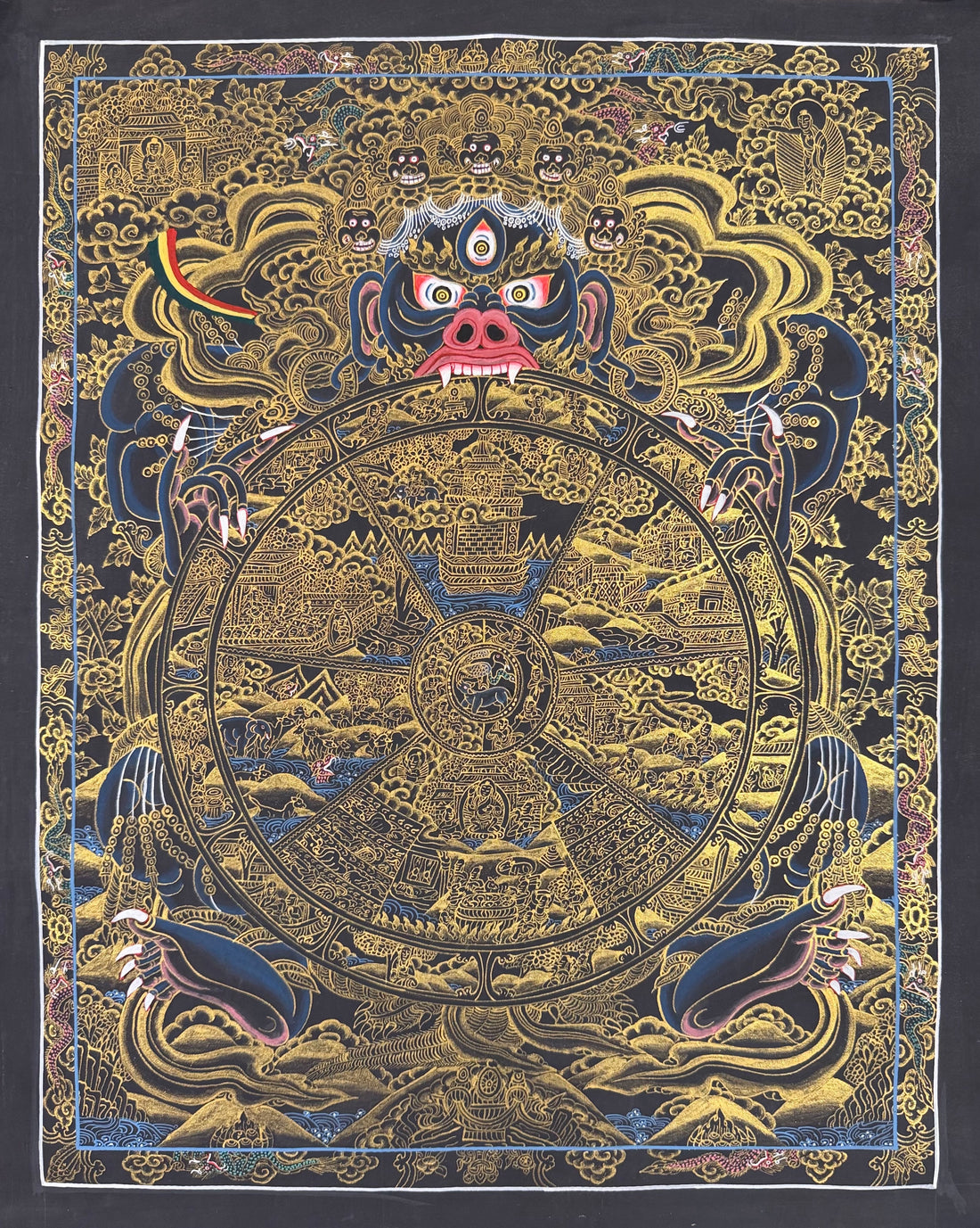 Wheel of Life thangka, 45×57 cm: dark blue Yama holding the Wheel of Life, in gold-coloured line work on black