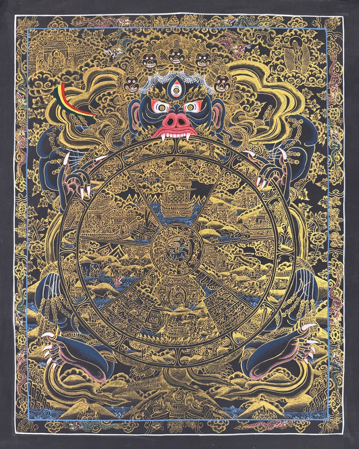 Wheel of Life thangka, 45×57 cm: dark blue Yama holding the Wheel of Life, in gold-coloured line work on black