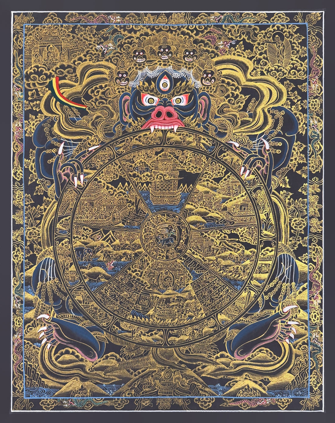 Wheel of Life thangka, 45×57 cm: dark blue Yama holding the Wheel of Life, in gold-coloured line work on black