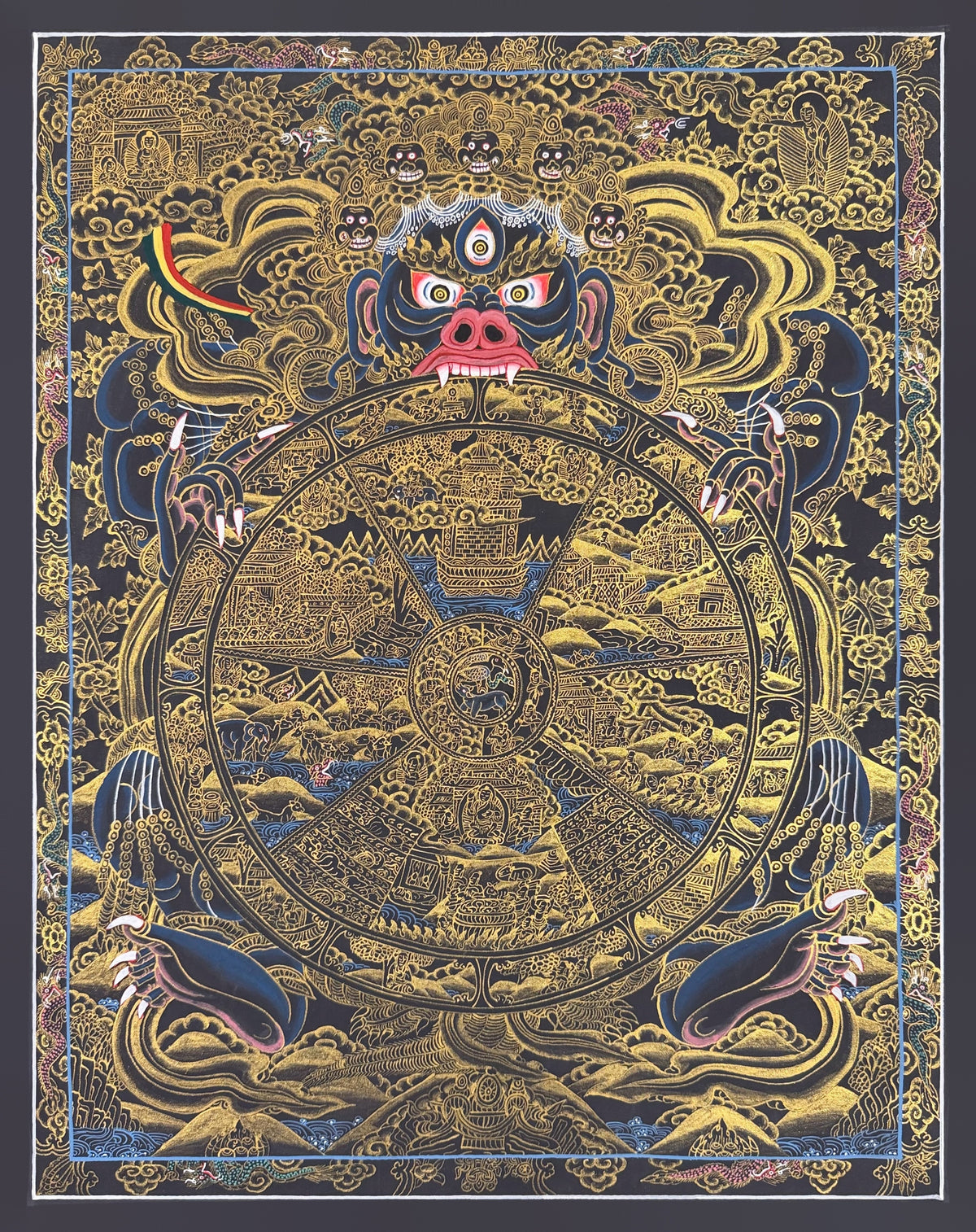 Wheel of Life thangka, 45×57 cm: dark blue Yama holding the Wheel of Life, in gold-coloured line work on black
