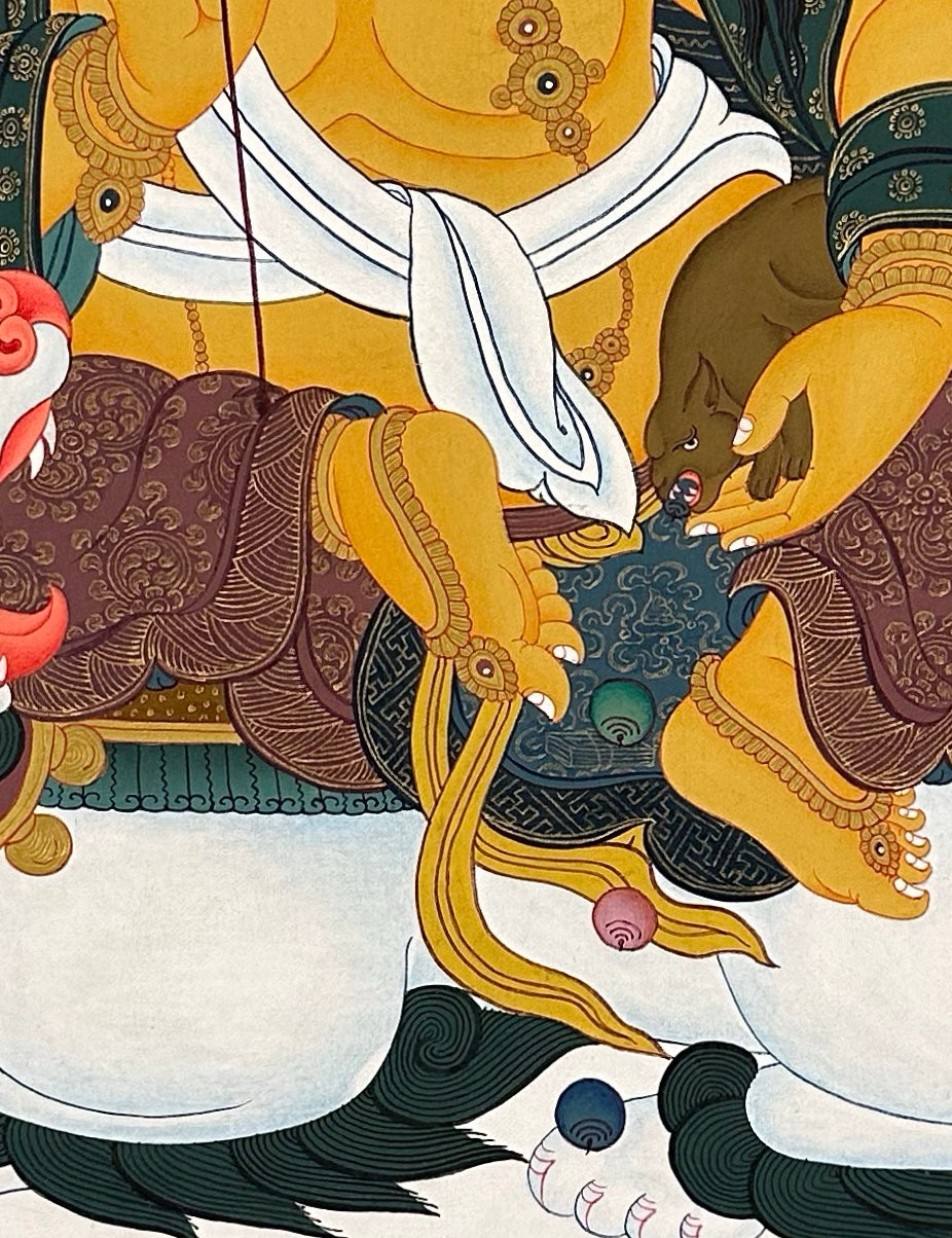 Vaishravana thangka, 52×67 cm: yellow Vaishravana riding a white snow lion with a victory banner and mongoose