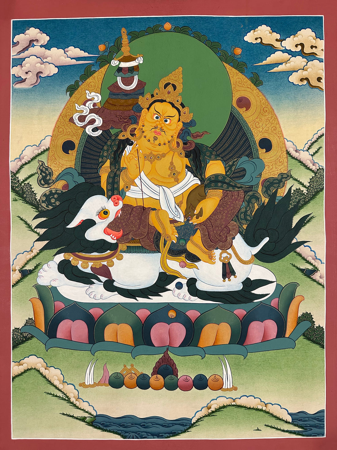 Vaishravana thangka, 52×67 cm: yellow Vaishravana riding a white snow lion with a victory banner and mongoose