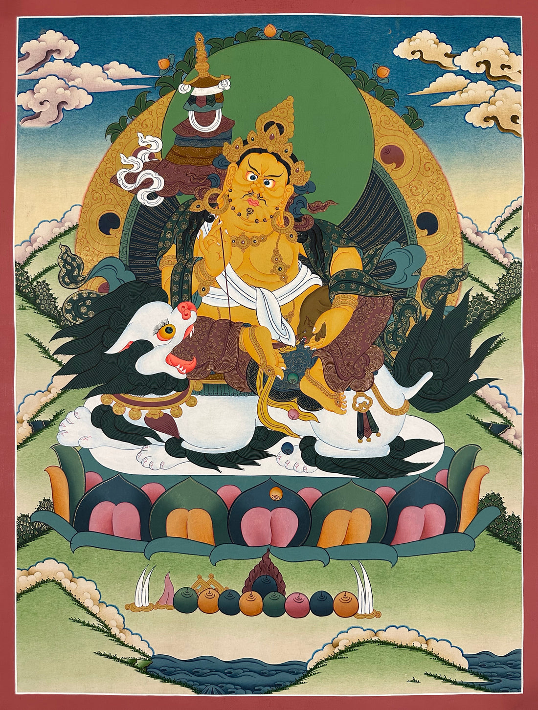 Vaishravana thangka, 52×67 cm: yellow Vaishravana riding a white snow lion with a victory banner and mongoose
