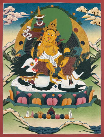 Vaishravana thangka, 52×67 cm: yellow Vaishravana riding a white snow lion with a victory banner and mongoose