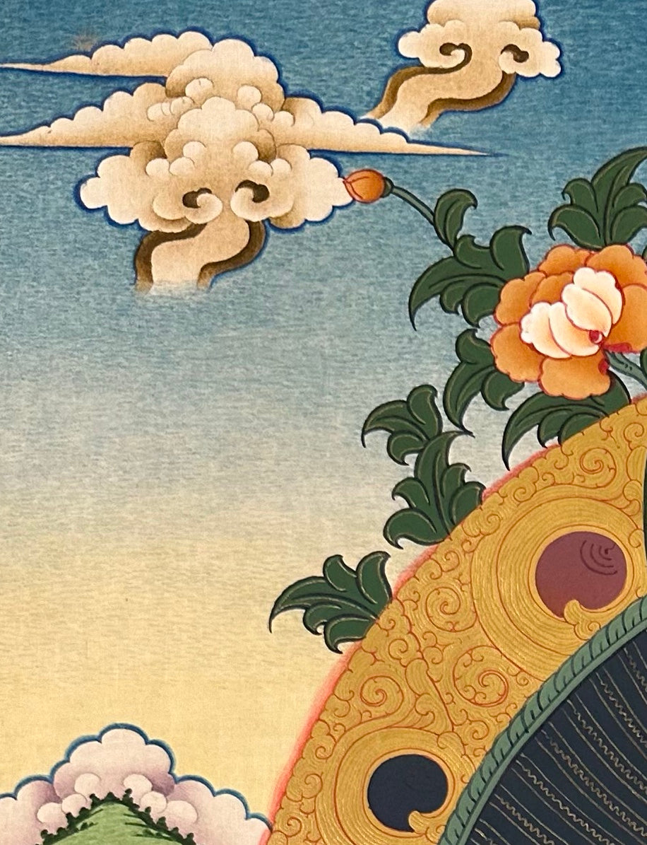 Amitabha Buddha thangka, detail: top-left corner