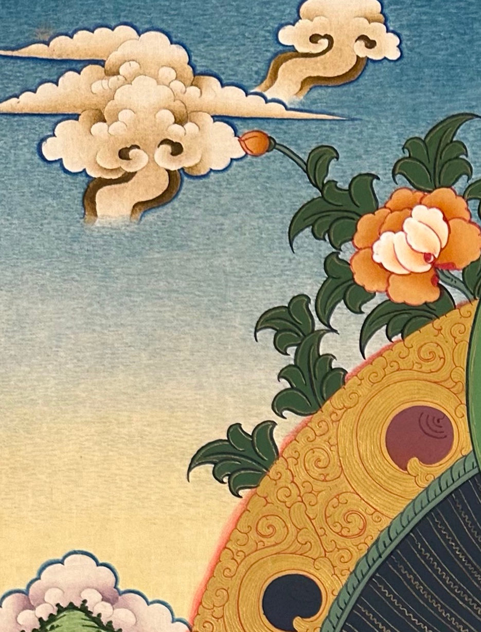 Amitabha Buddha thangka, detail: top-left corner