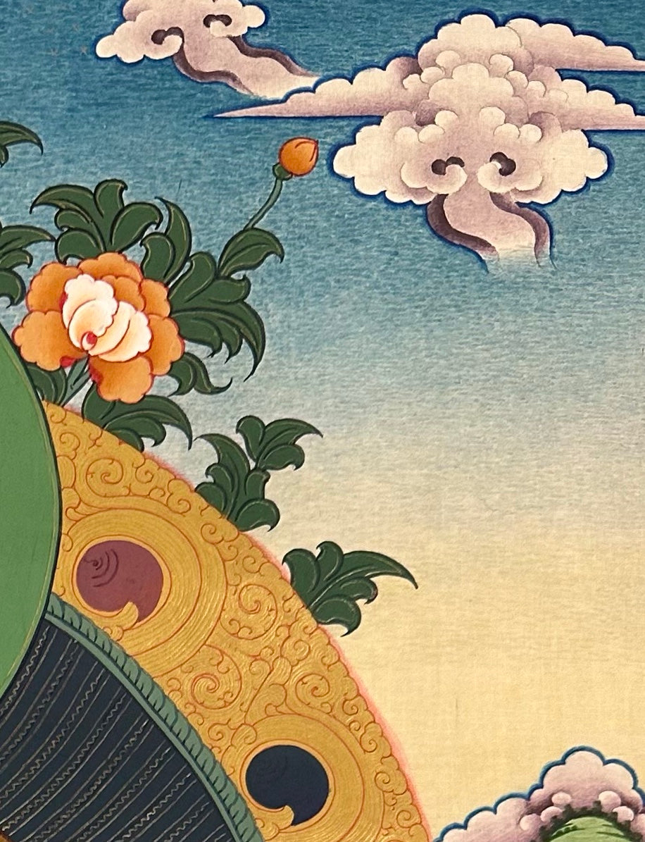 Amitabha Buddha thangka, detail: top-right corner