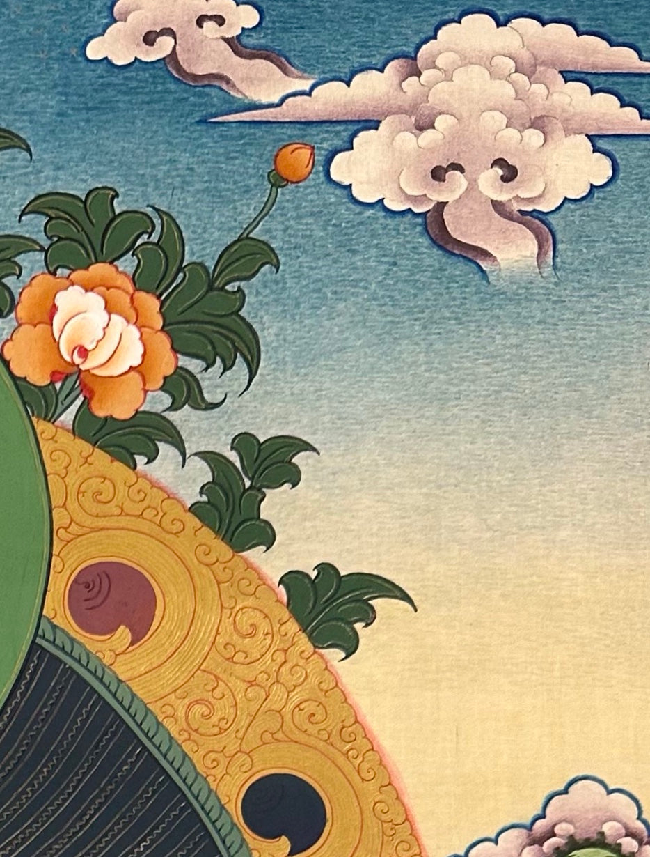 Amitabha Buddha thangka, detail: top-right corner