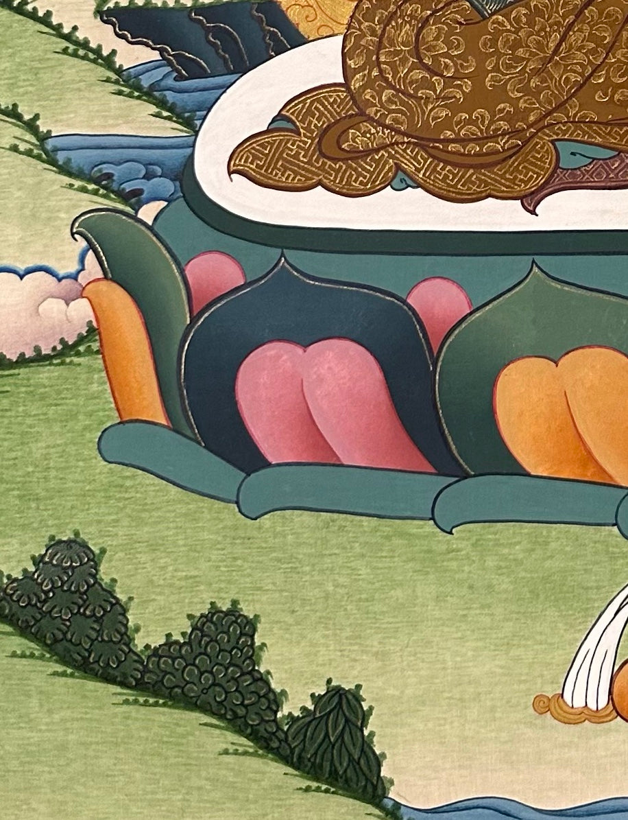 Amitabha Buddha thangka, detail: bottom-left corner