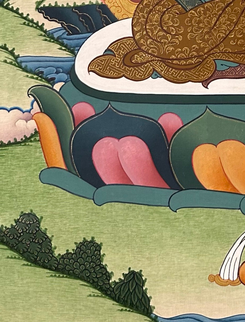Amitabha Buddha thangka, detail: bottom-left corner