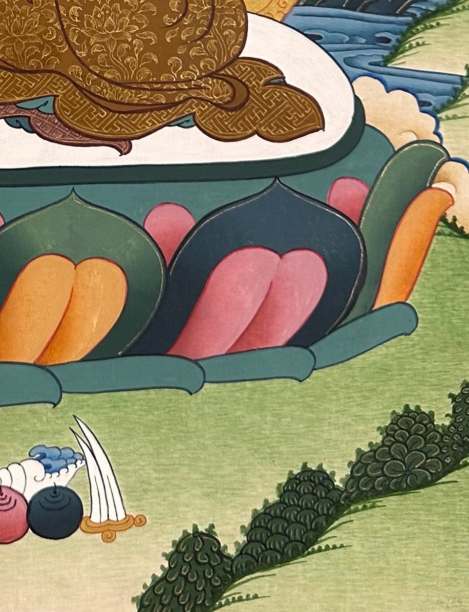 Amitabha Buddha thangka, detail: bottom-right corner