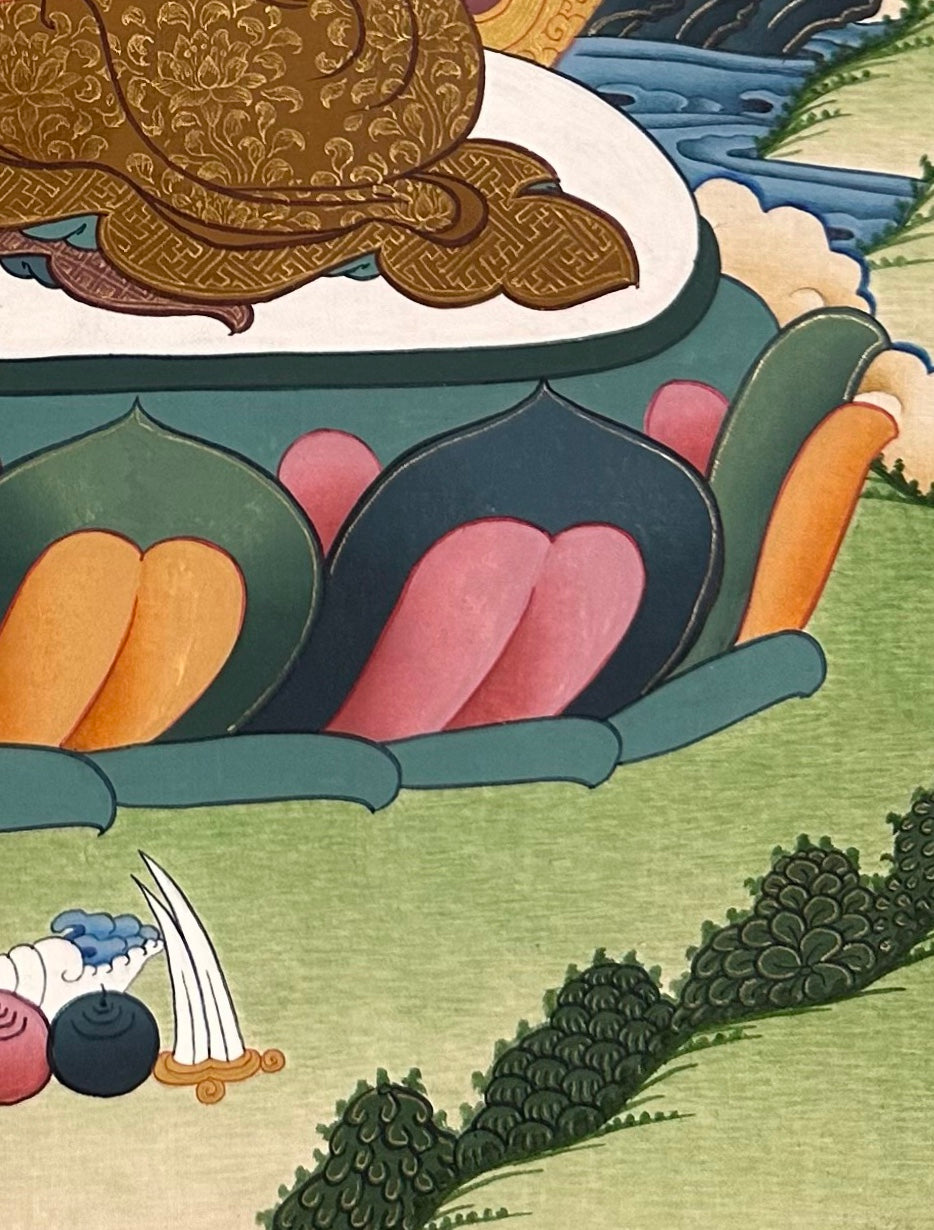 Amitabha Buddha thangka, detail: bottom-right corner