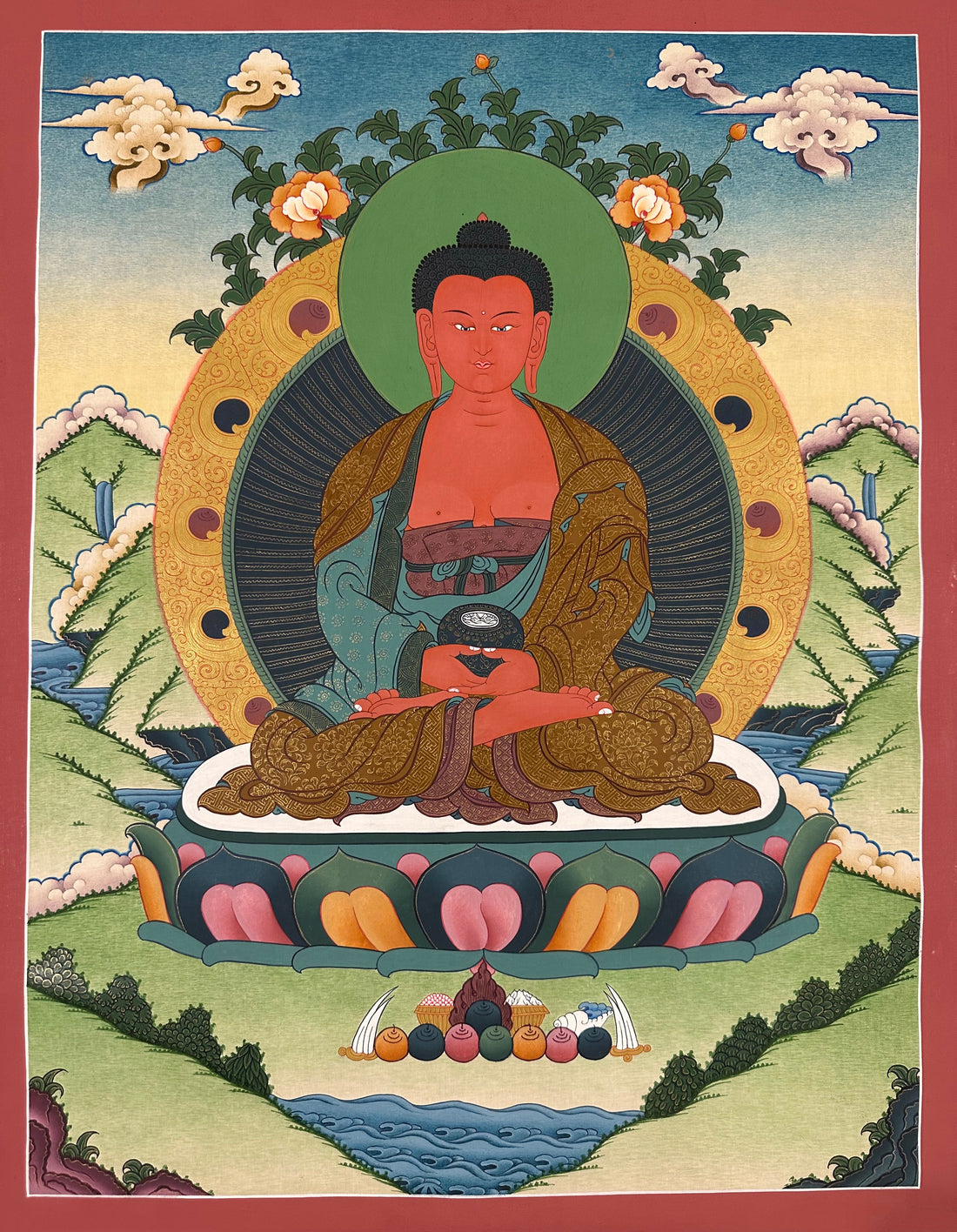 Amitabha Buddha thangka, 52×67 cm: red Amitabha on a lotus in a calm, open landscape of green hills