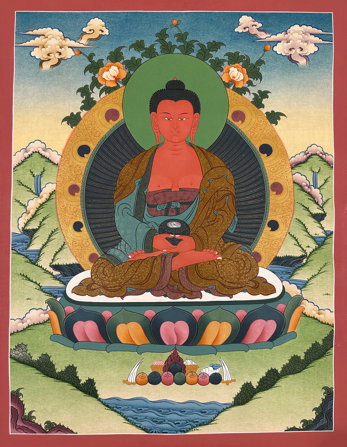 Amitabha Buddha thangka, 52×67 cm: red Amitabha on a lotus in a calm, open landscape of green hills