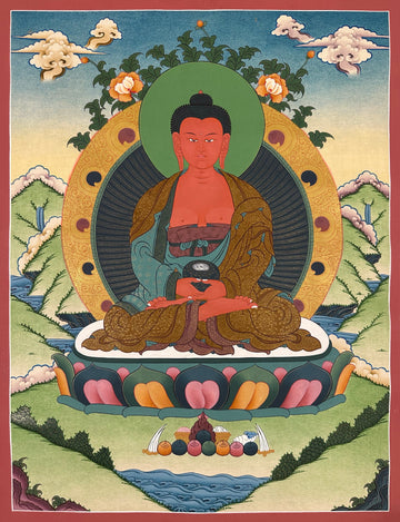 Amitabha Buddha thangka, 52×67 cm: red Amitabha on a lotus in a calm, open landscape of green hills