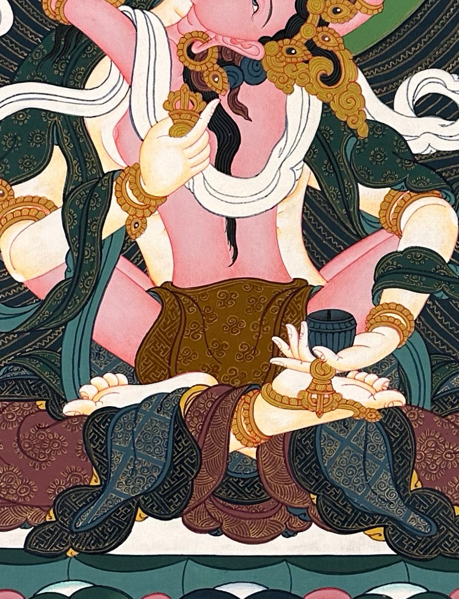 Vajrasattva thangka, 52×67 cm: white Vajrasattva in union with his consort in a calm, open landscape