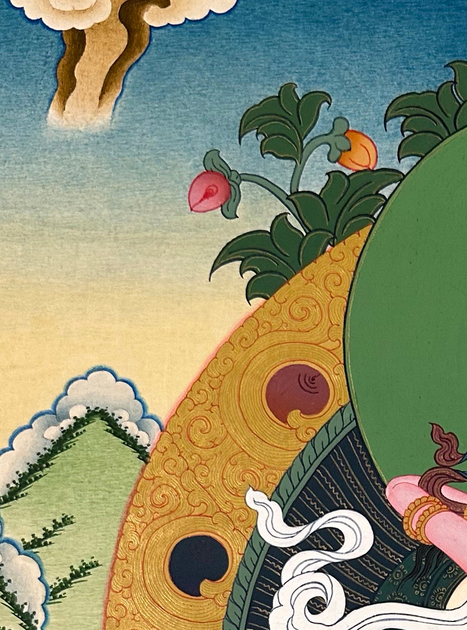 Vajrasattva thangka, detail: top-left corner