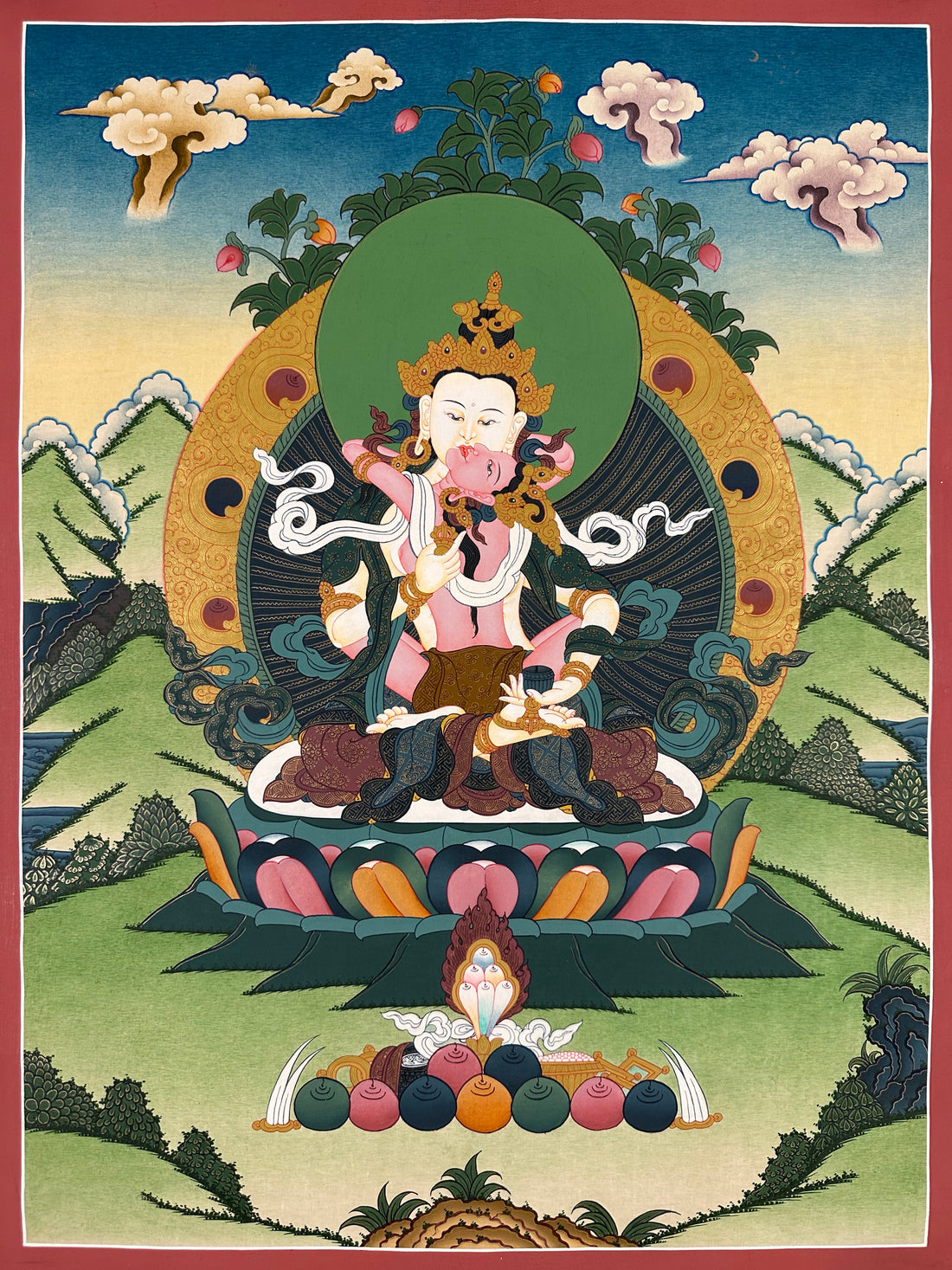 Vajrasattva thangka, 52×67 cm: white Vajrasattva in union with his consort in a calm, open landscape