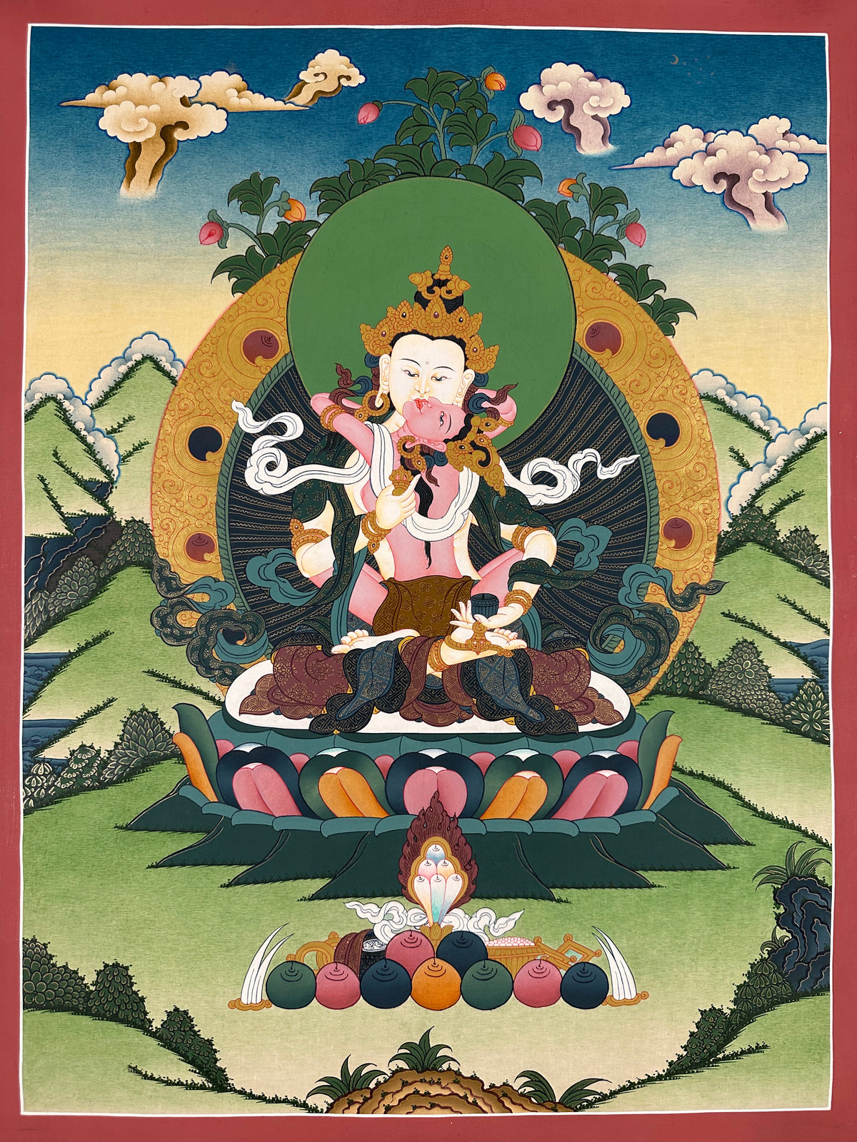 Vajrasattva thangka, 52×67 cm: white Vajrasattva in union with his consort in a calm, open landscape