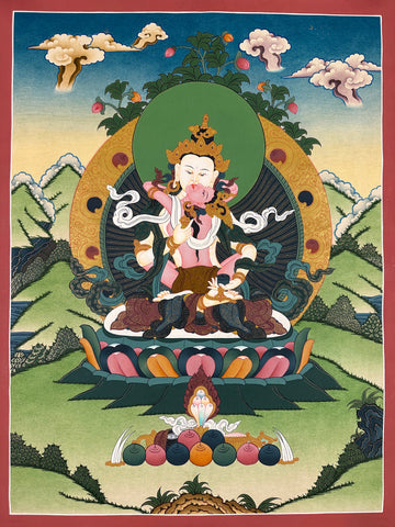 Vajrasattva thangka, 52×67 cm: white Vajrasattva in union with his consort in a calm, open landscape