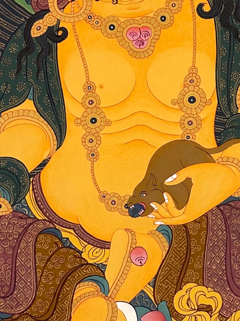 Jambhala thangka, 52×67 cm: Yellow Jambhala with a jewel-spitting mongoose in a calm, open landscape
