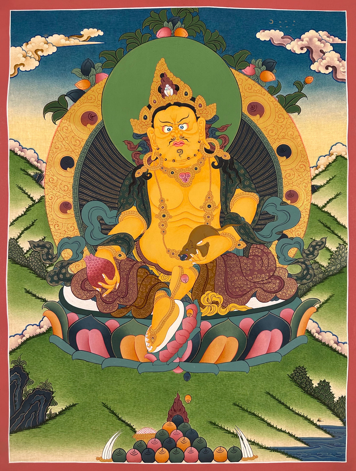 Jambhala thangka, 52×67 cm: Yellow Jambhala with a jewel-spitting mongoose in a calm, open landscape