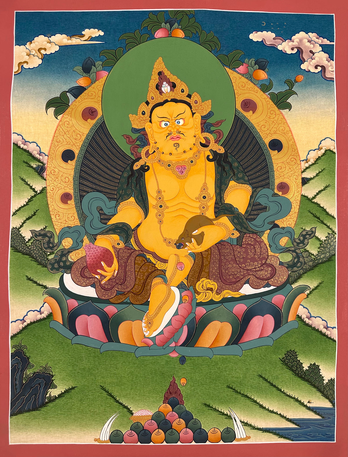 Jambhala thangka, 52×67 cm: Yellow Jambhala with a jewel-spitting mongoose in a calm, open landscape