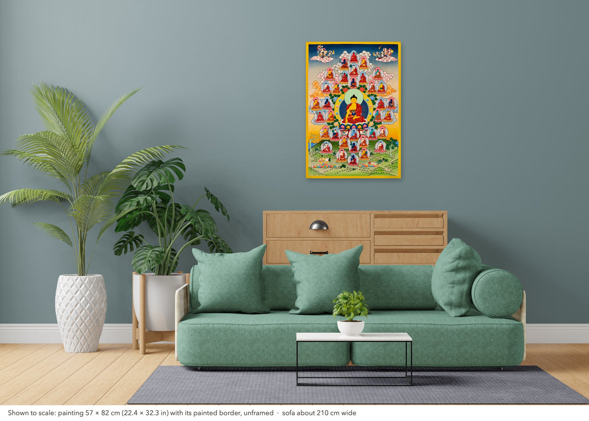 35 Confession Buddhas thangka shown to scale in a living room, unframed, above a sofa about 210 cm wide (57×82 cm)
