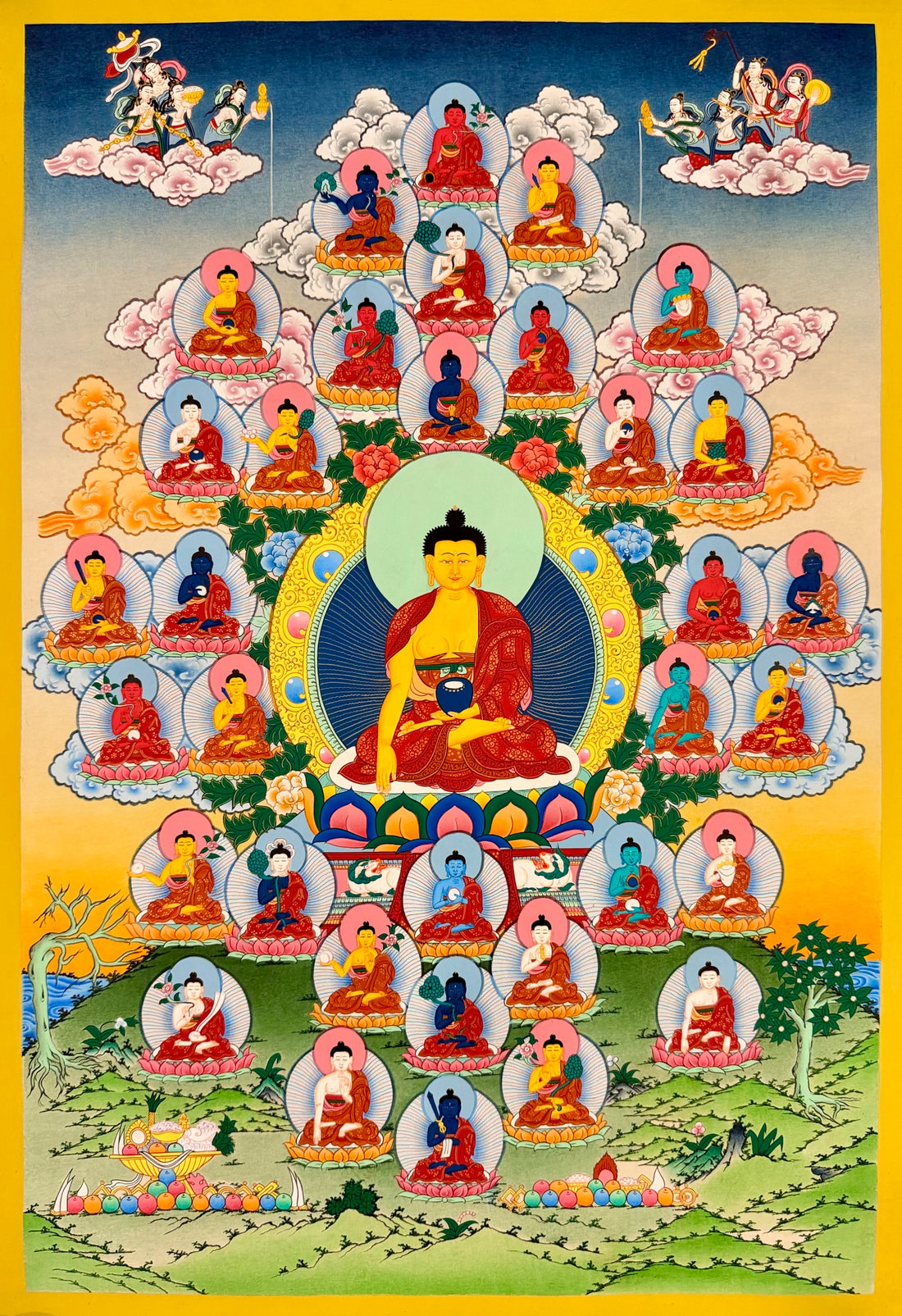 35 Confession Buddhas thangka, 57×82 cm: Shakyamuni surrounded by the Buddhas of confession on clouds, with offering goddesses above