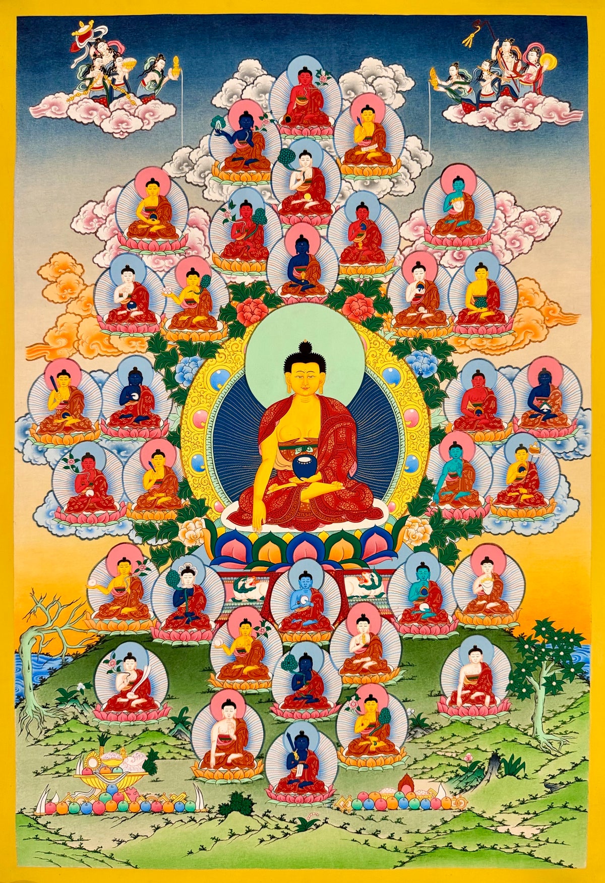 35 Confession Buddhas thangka, 57×82 cm: Shakyamuni surrounded by the Buddhas of confession on clouds, with offering goddesses above