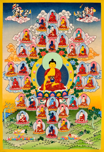 35 Confession Buddhas thangka, 57×82 cm: Shakyamuni surrounded by the Buddhas of confession on clouds, with offering goddesses above