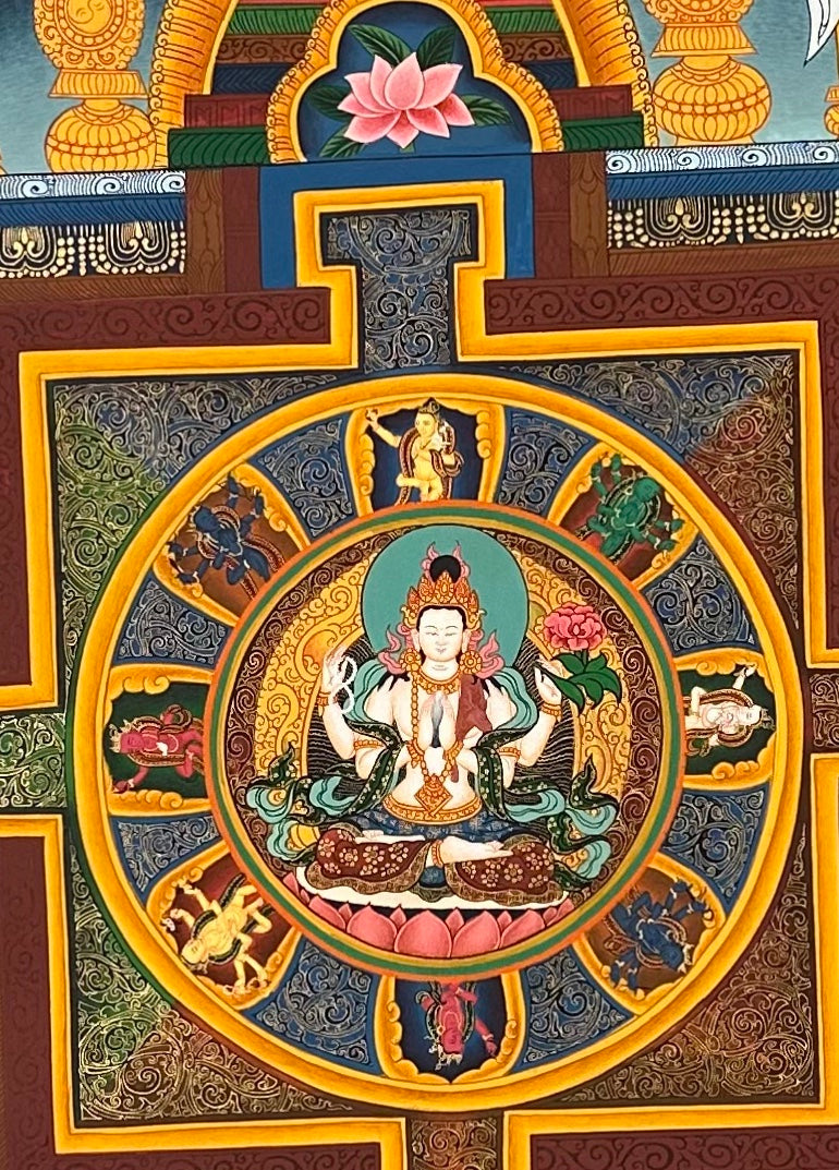 Lokeshwor Mandala thangka, 86×114 cm: four-armed Chenrezig at the centre of a mandala palace, with Amitabha, deities on clouds and two scholars