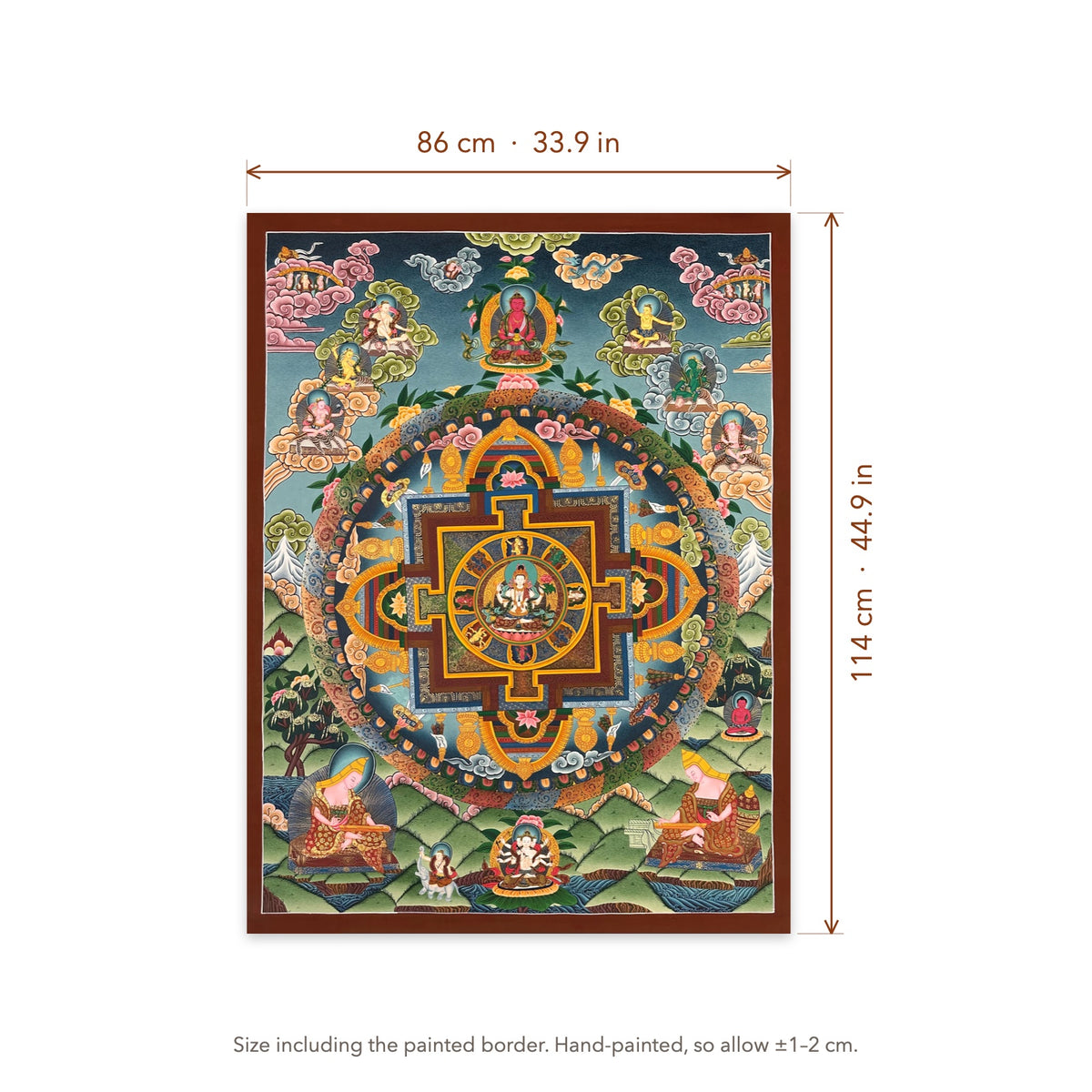 Size diagram: 86 × 114 cm (33.9 × 44.9 in), including the painted border