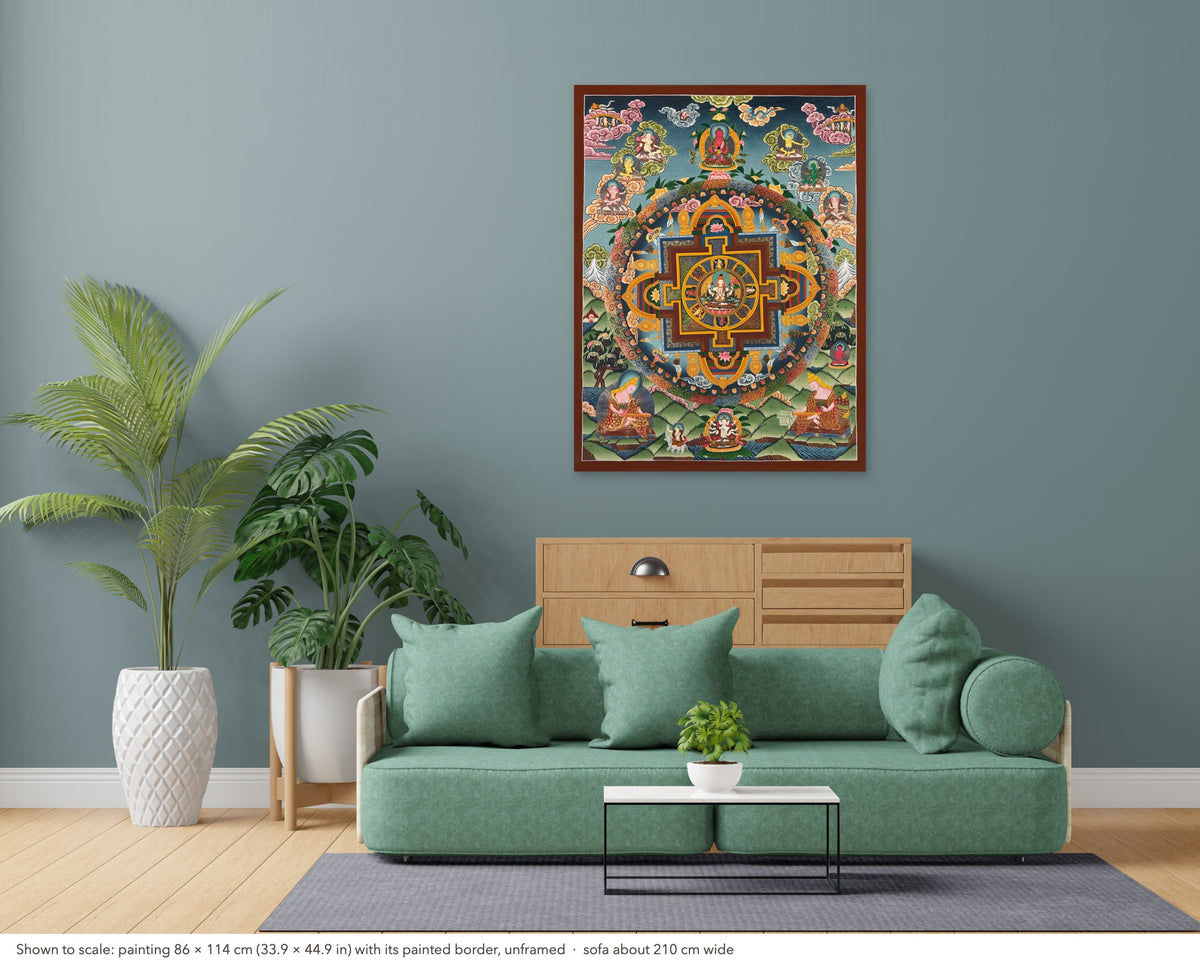 Lokeshwor Mandala thangka shown to scale in a living room, unframed, above a sofa about 210 cm wide (86×114 cm)
