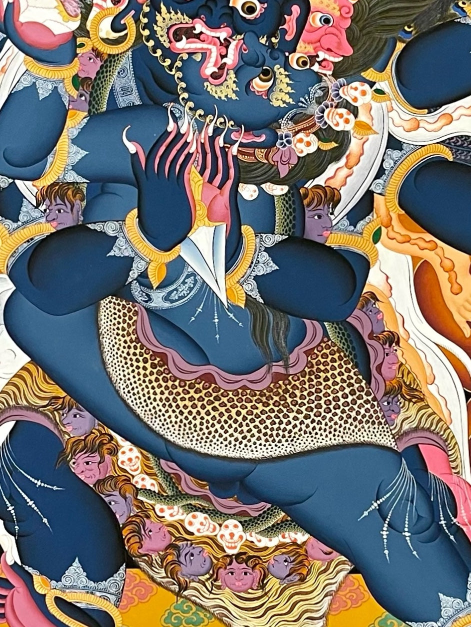 Vajrakilaya thangka, 102×131 cm: winged, three-faced Vajrakilaya in flames, with Amitabha above and wrathful riders around him