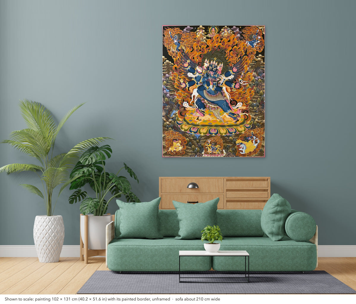 Vajrakilaya thangka shown to scale in a living room, unframed, above a sofa about 210 cm wide (102×131 cm)