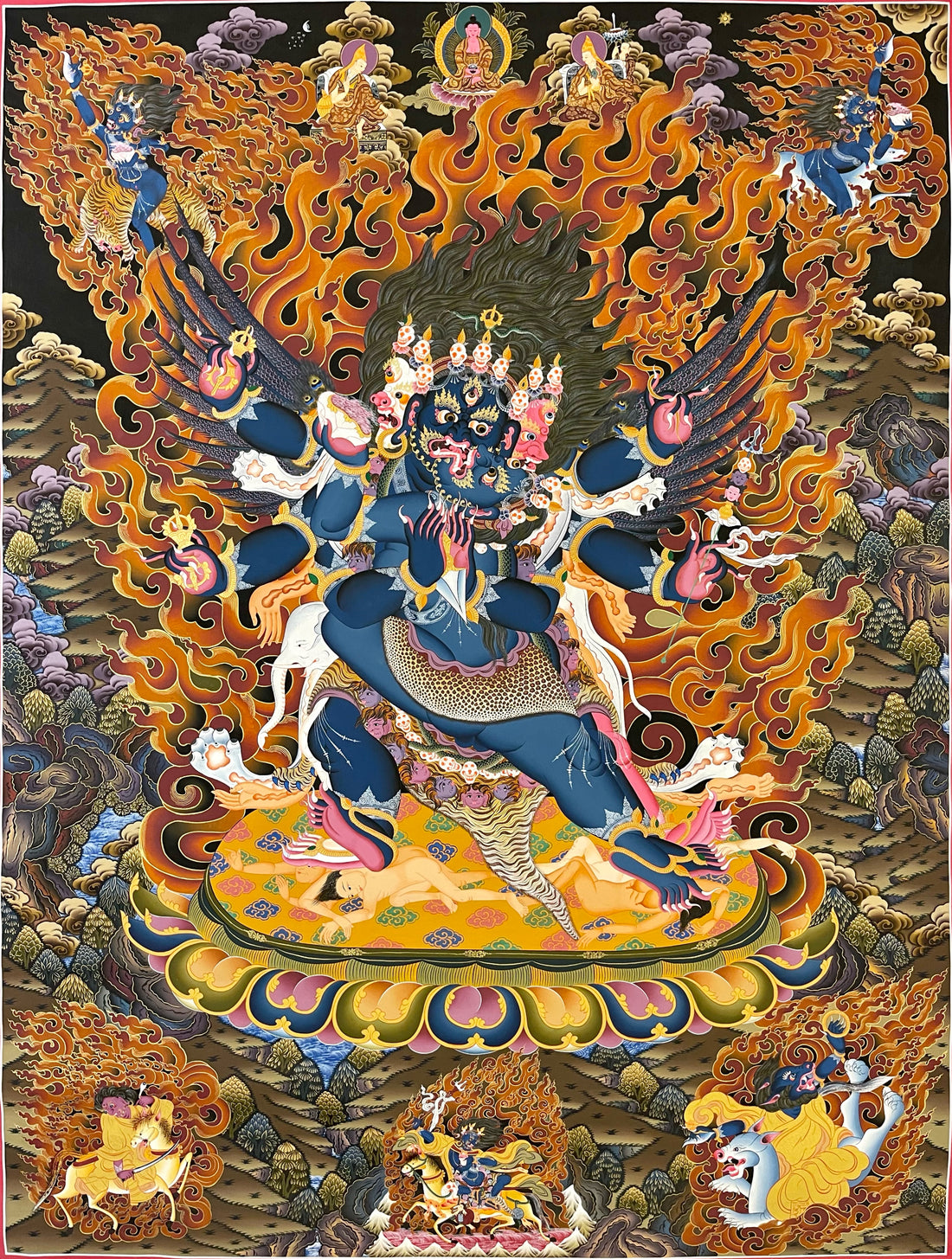Vajrakilaya thangka, 102×131 cm: winged, three-faced Vajrakilaya in flames, with Amitabha above and wrathful riders around him