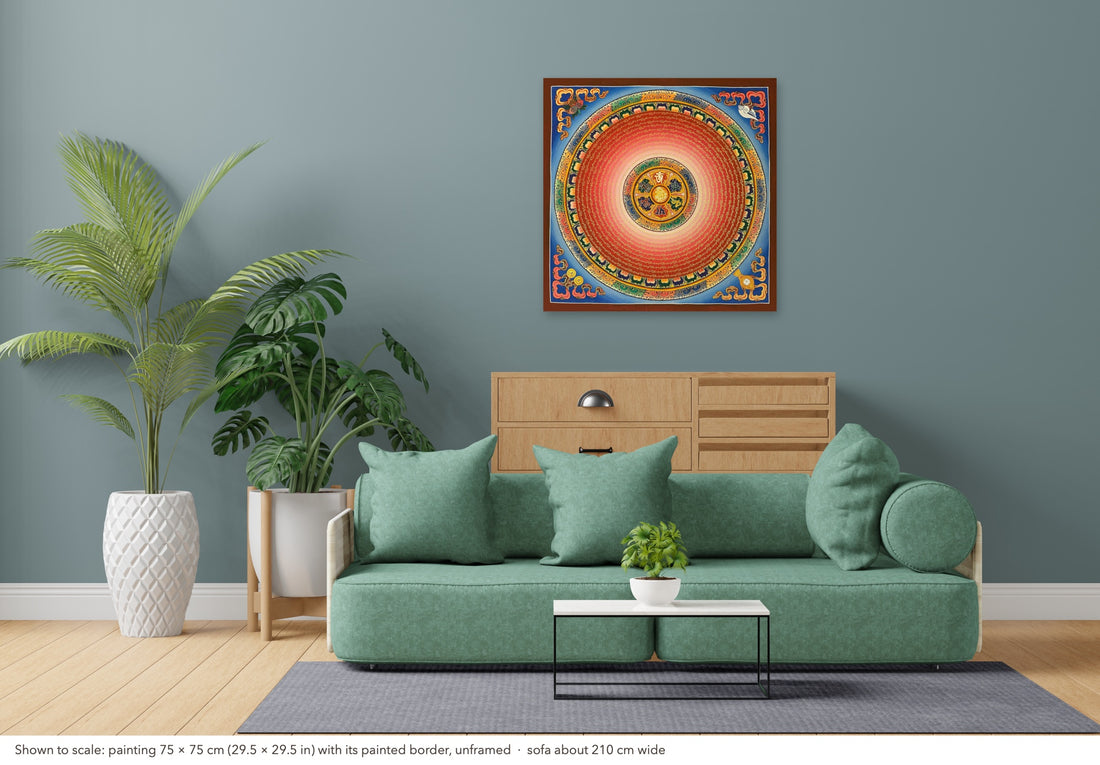 Mantra Mandala thangka, 75×75 cm: a six-syllable mantra mandala with rings of gold-coloured script on red, on blue