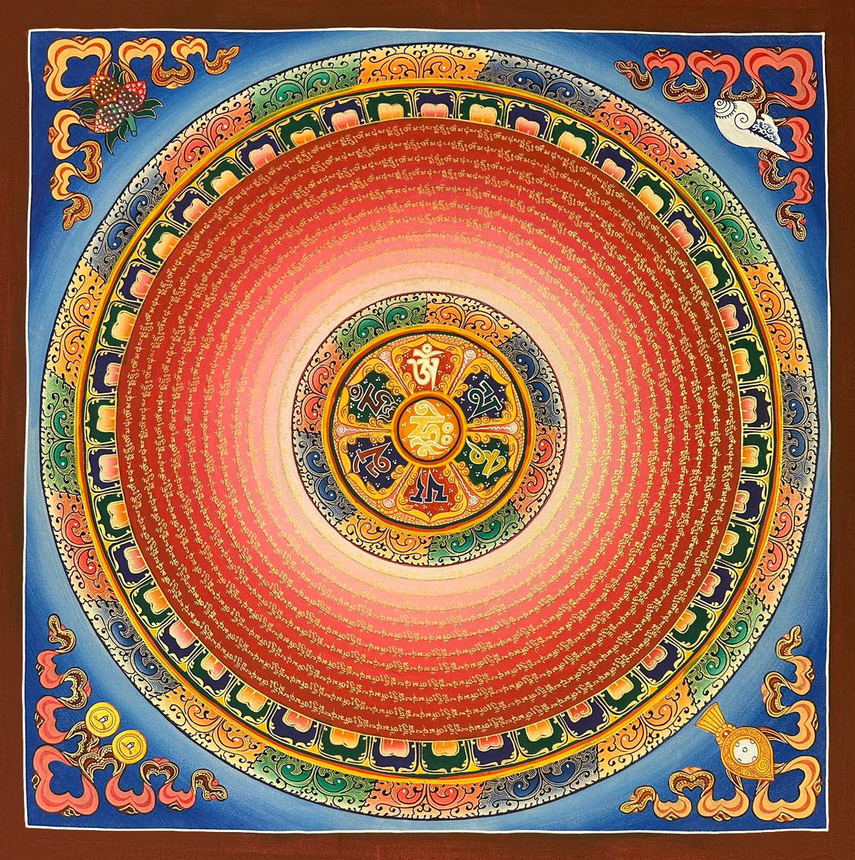 Mantra Mandala thangka, 75×75 cm: a six-syllable mantra mandala with rings of gold-coloured script on red, on blue