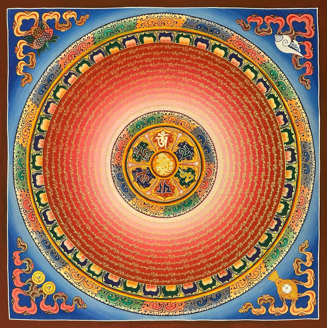 Mantra Mandala thangka, 75×75 cm: a six-syllable mantra mandala with rings of gold-coloured script on red, on blue