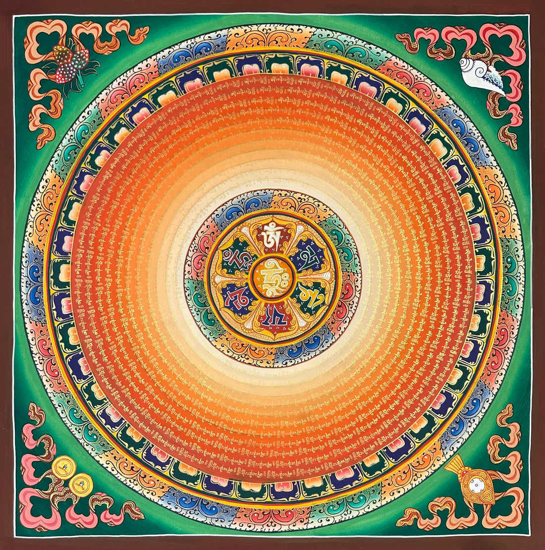 Mantra Mandala thangka, 75×75 cm: a six-syllable mantra mandala with rings of gold-coloured script shading from cream to orange-red, on green