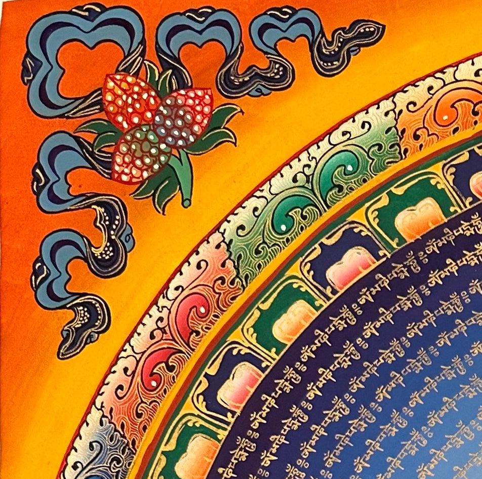 Mantra Mandala thangka, detail: top-left corner