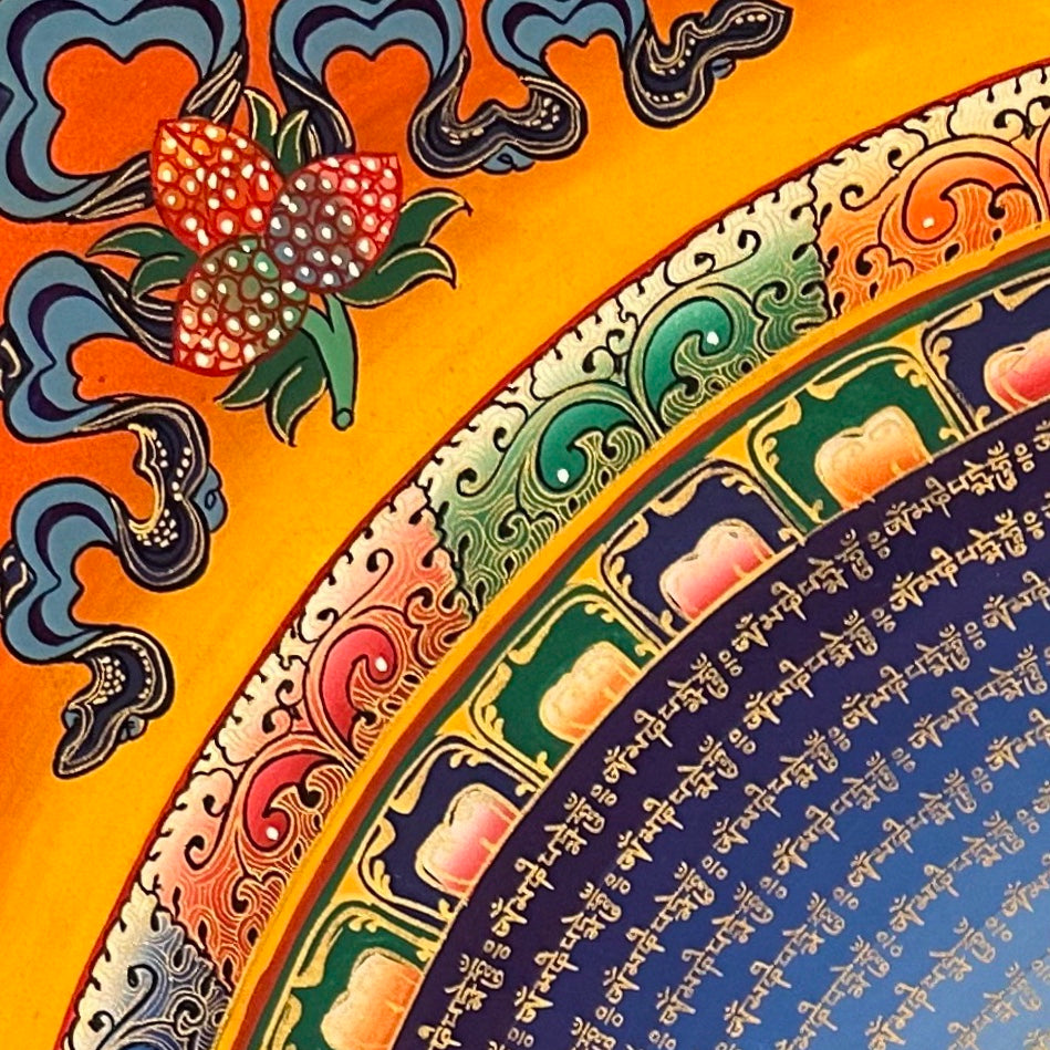 Mantra Mandala thangka, detail: top-left corner