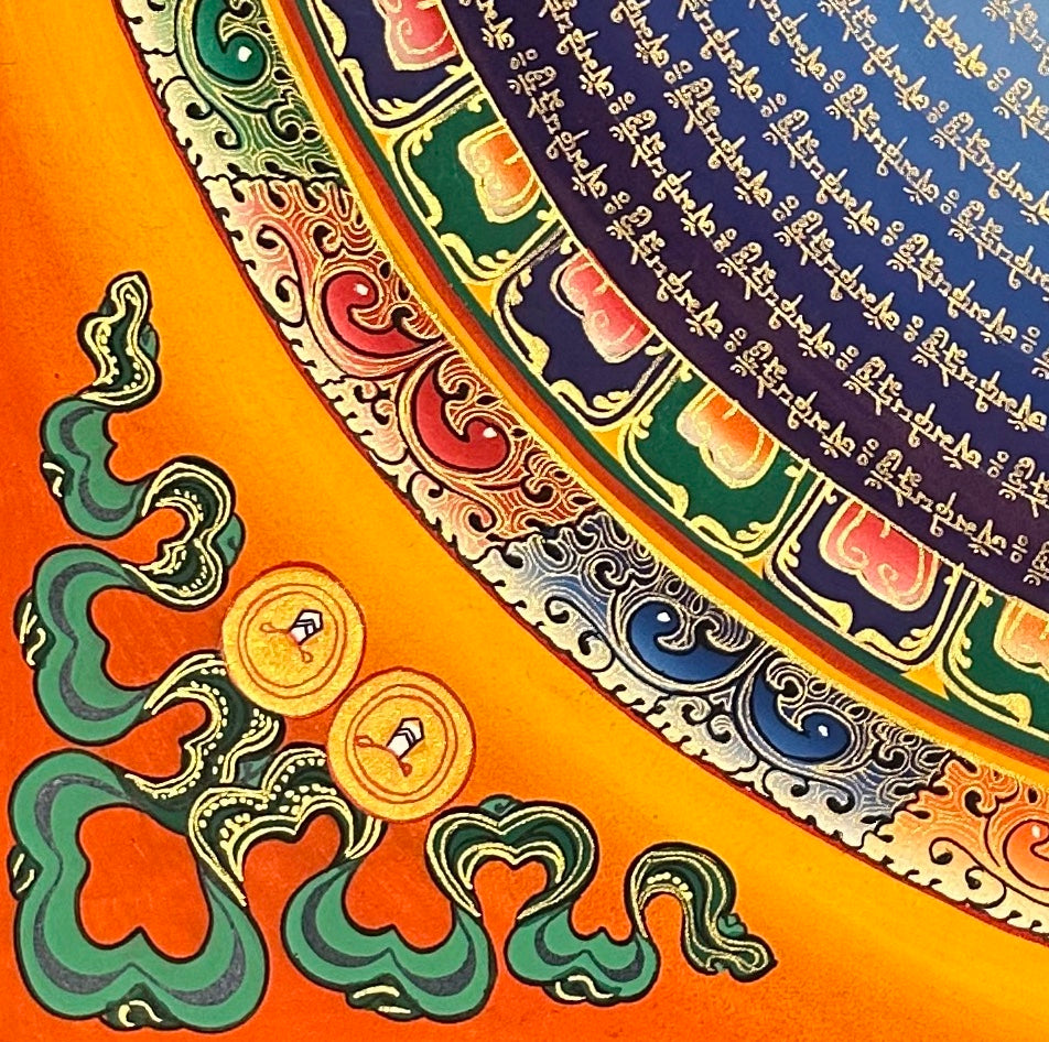 Mantra Mandala thangka, detail: bottom-left corner