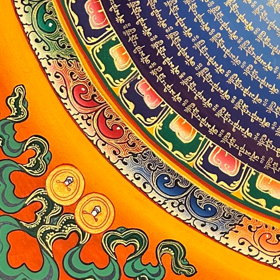 Mantra Mandala thangka, detail: bottom-left corner