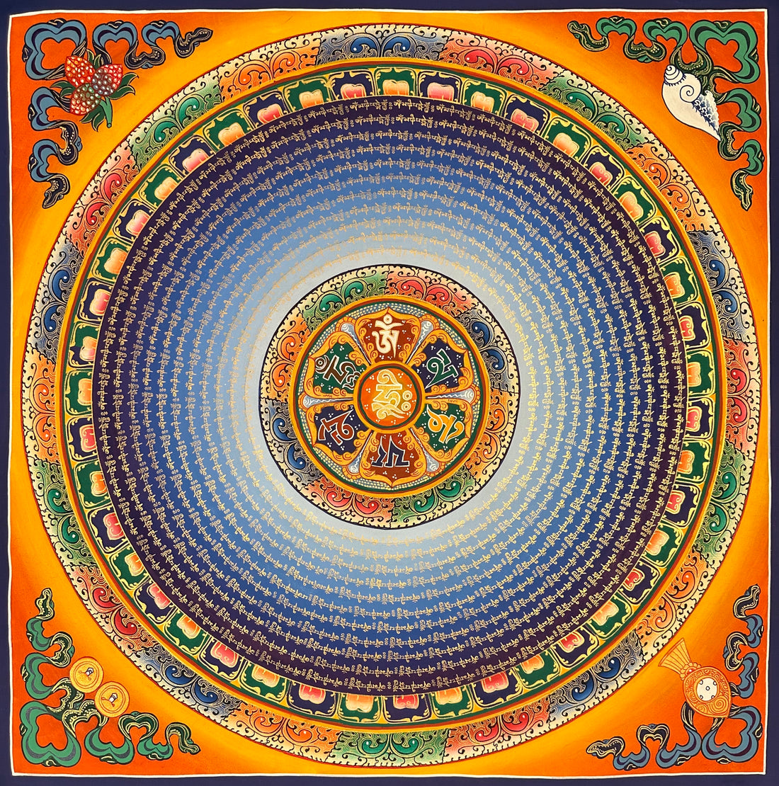 Mantra Mandala thangka, 75×75 cm: a six-syllable mantra mandala with rings of gold-coloured script on blue, on orange