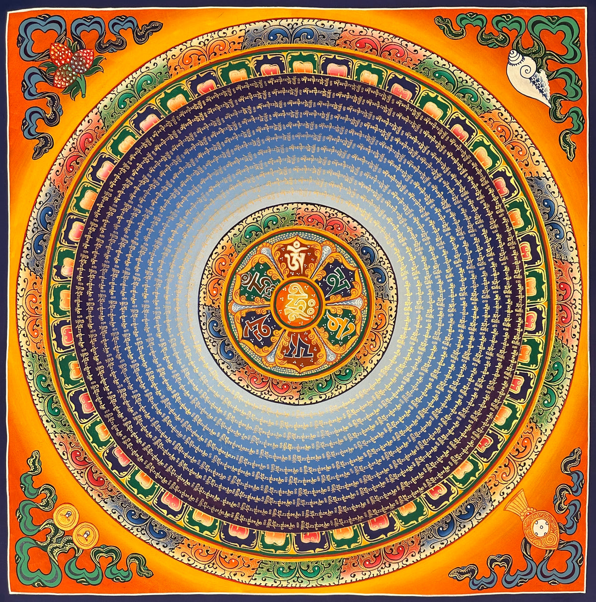 Mantra Mandala thangka, 75×75 cm: a six-syllable mantra mandala with rings of gold-coloured script on blue, on orange