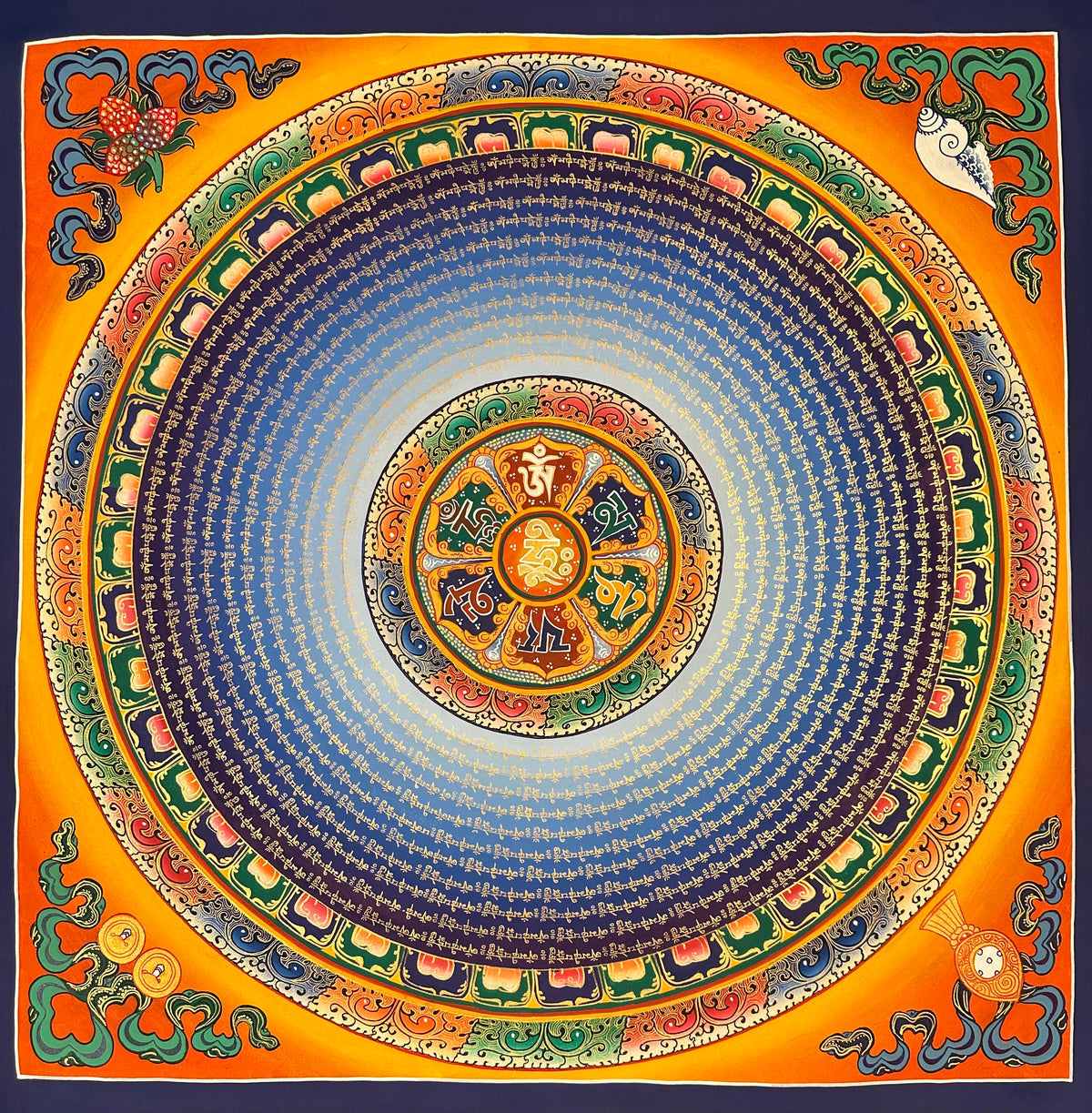 Mantra Mandala thangka, 75×75 cm: a six-syllable mantra mandala with rings of gold-coloured script on blue, on orange