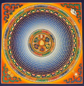Mantra Mandala thangka, 75×75 cm: a six-syllable mantra mandala with rings of gold-coloured script on blue, on orange